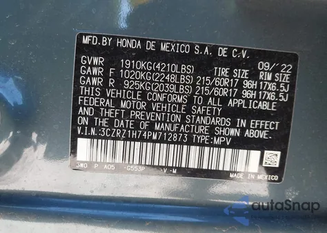 2023 Honda Hr-V 2Wd Ex-L из США, поврежденный, VIN 3CZRZ1H74PM712873